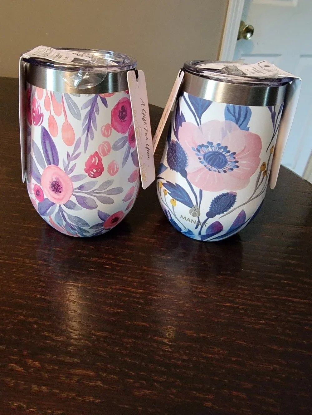 Two Manna Floral Stemless Wine Tumblers in Pink & Purple NWT